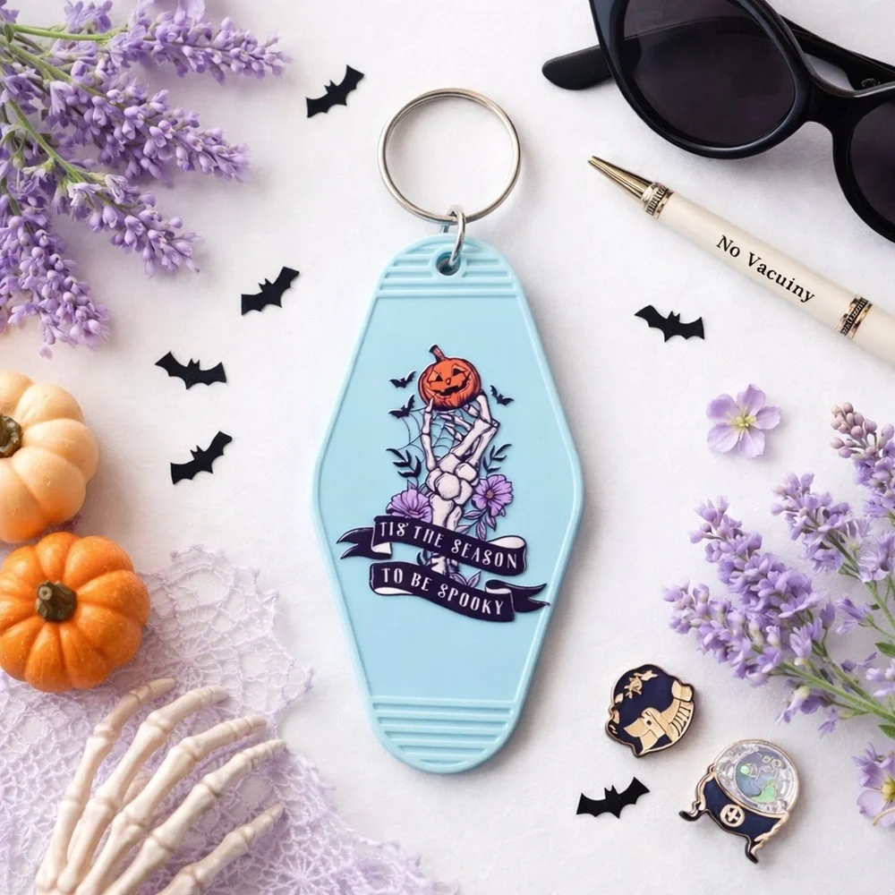 3/$9 Spooky Motel Keychain – Retro Coffin Tag | Pumpkin Skeleton | Halloween